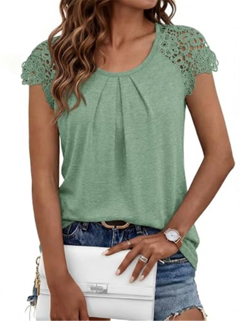 Womens Lace Sleeve Blouse Pleated Front Loose Fit Casual Dressy Summer Top